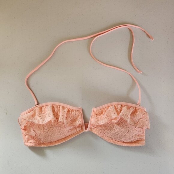 Abercrombie Peach Pink Crochet Ruffle Bandeau Halter Swimsuit Bikini Top Swim - Picture 8 of 8